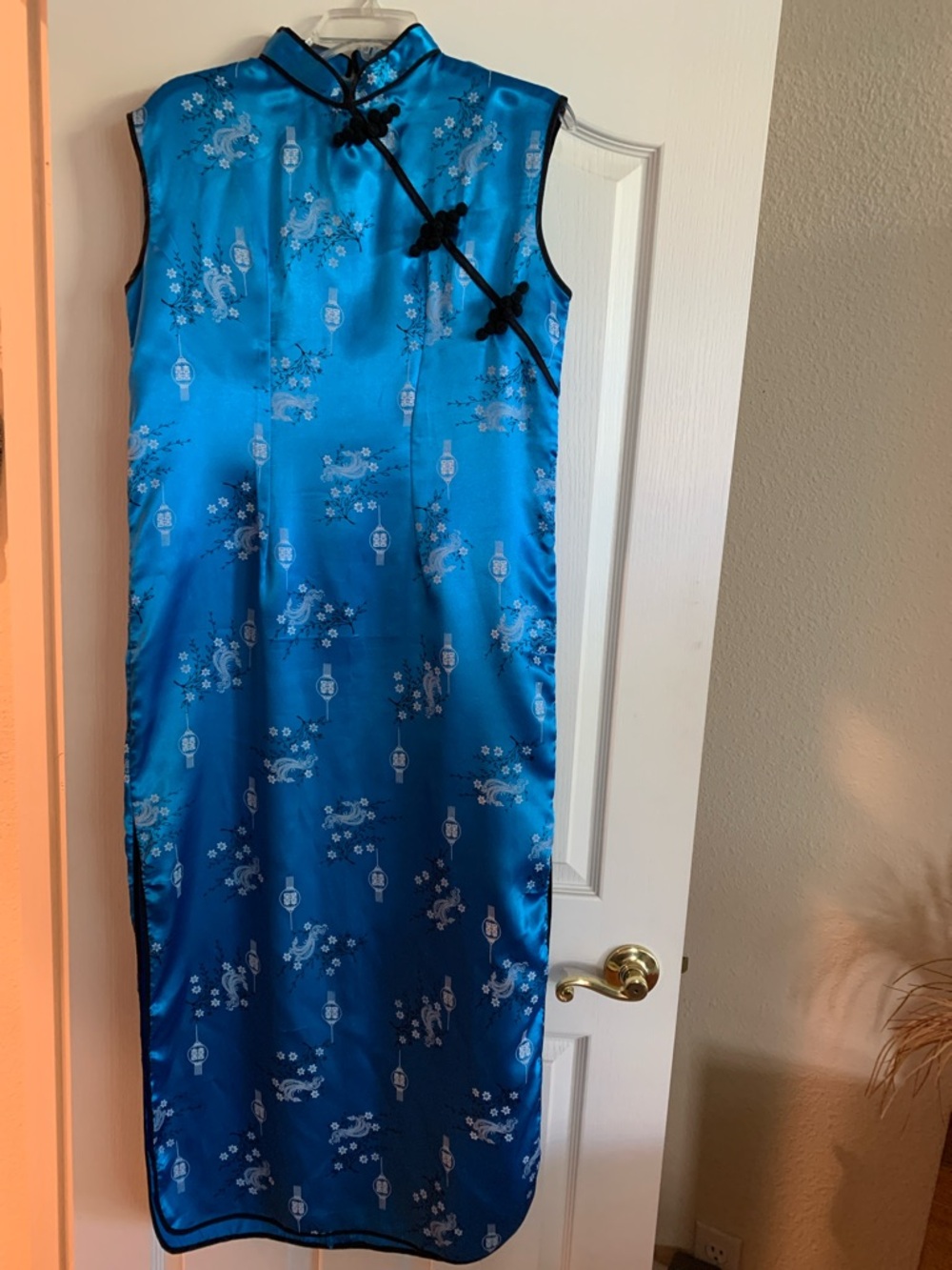 Blue Satin Chinese Cheongsam Qipao Dress